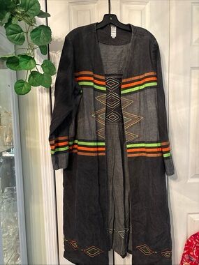 Black Embroidered Open Front Coat with Orange & Green Accents-Sara Ann Designs